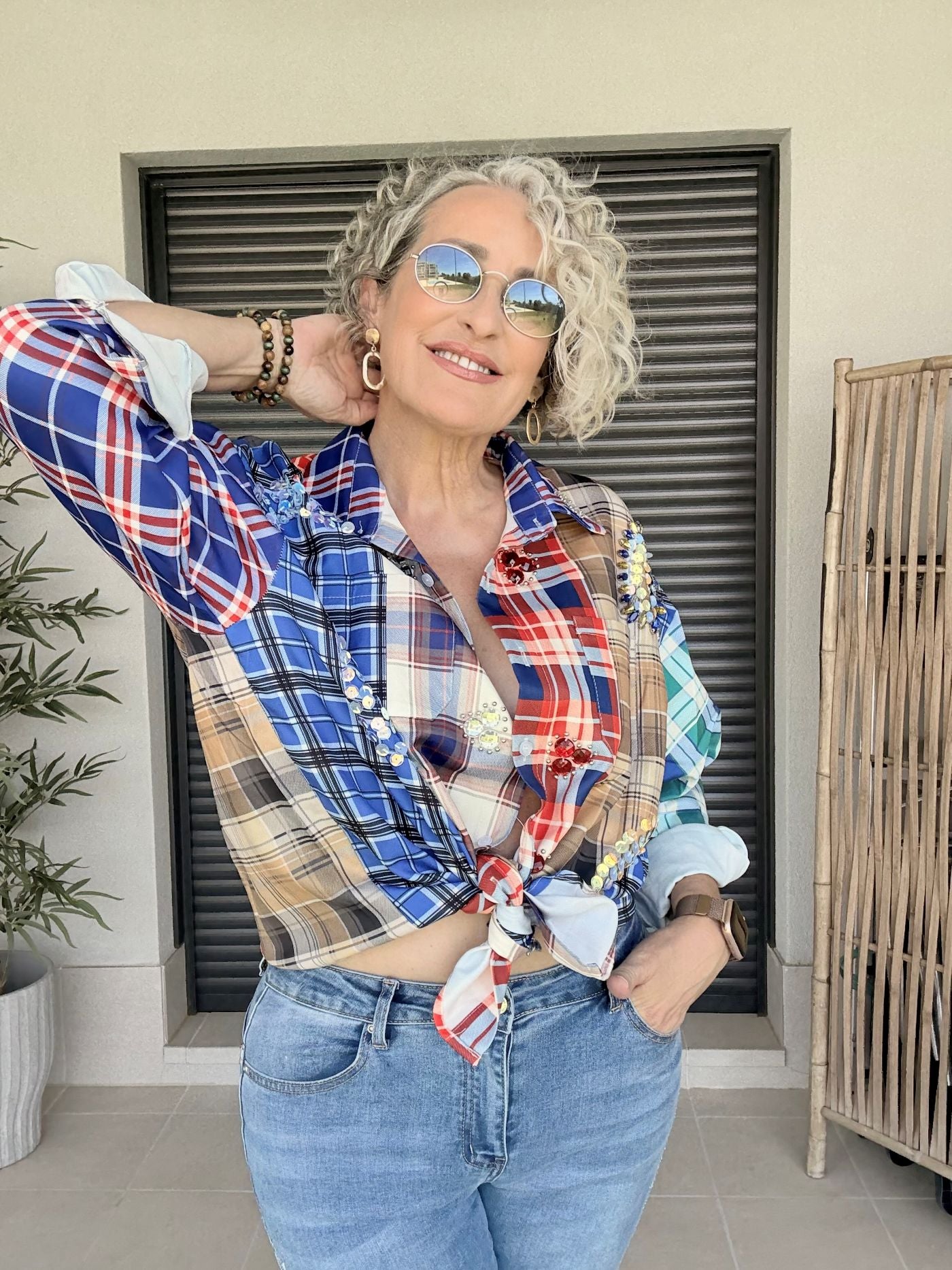 Camisa Cuadros Gales con Circonitas y Lentejuelas