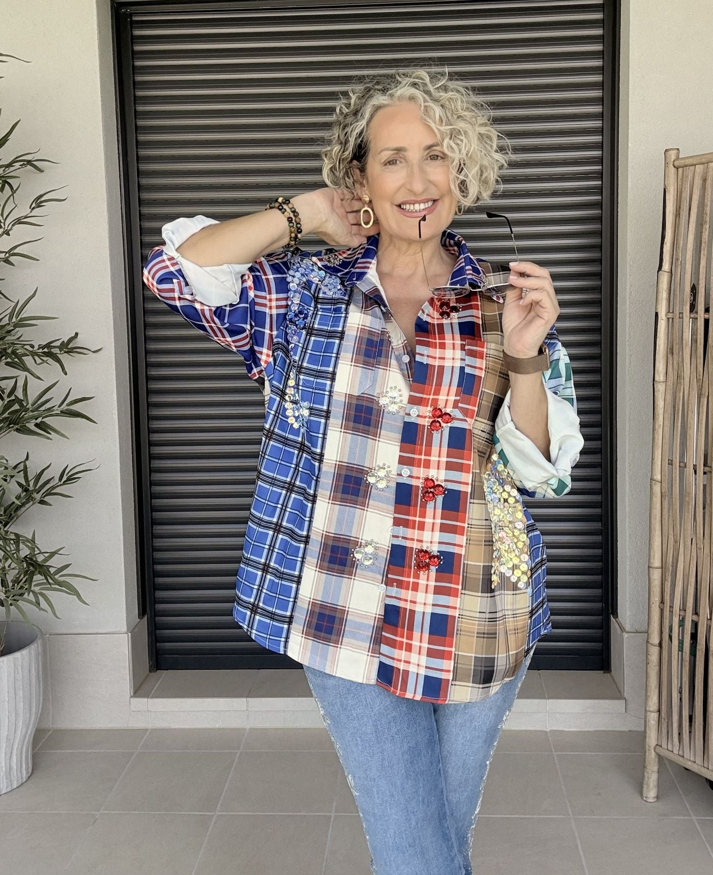 Camisa Cuadros Gales con Circonitas y Lentejuelas