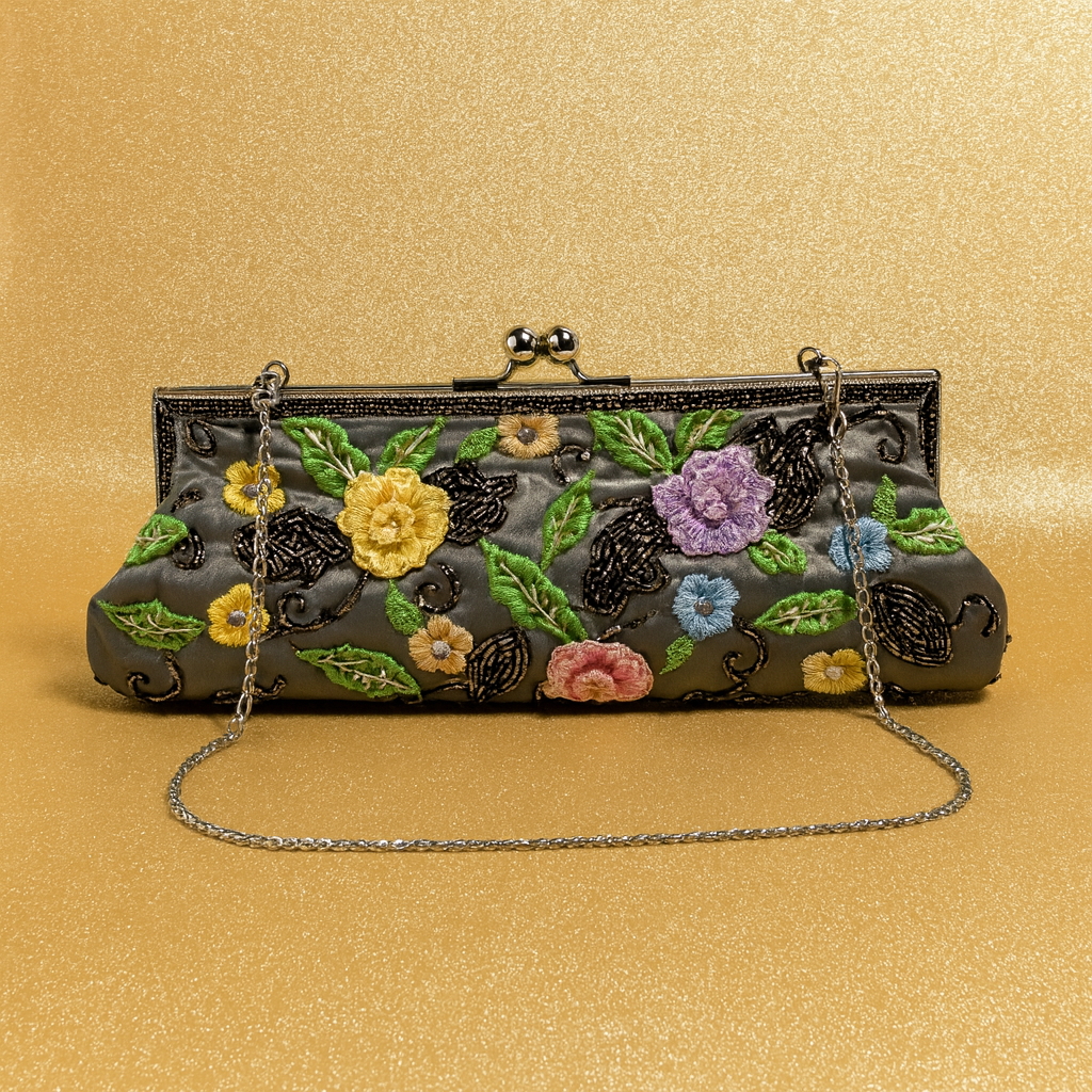 Bolso de Fiesta Bordado Floral con Cierre Vintage y Doble Asa