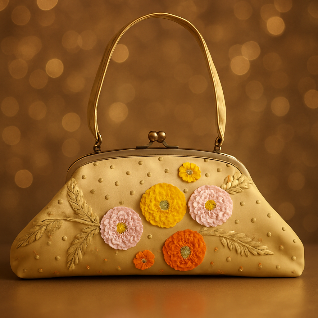 Bolso de Fiesta Satinado Flores en Relieve con Asa Dorada