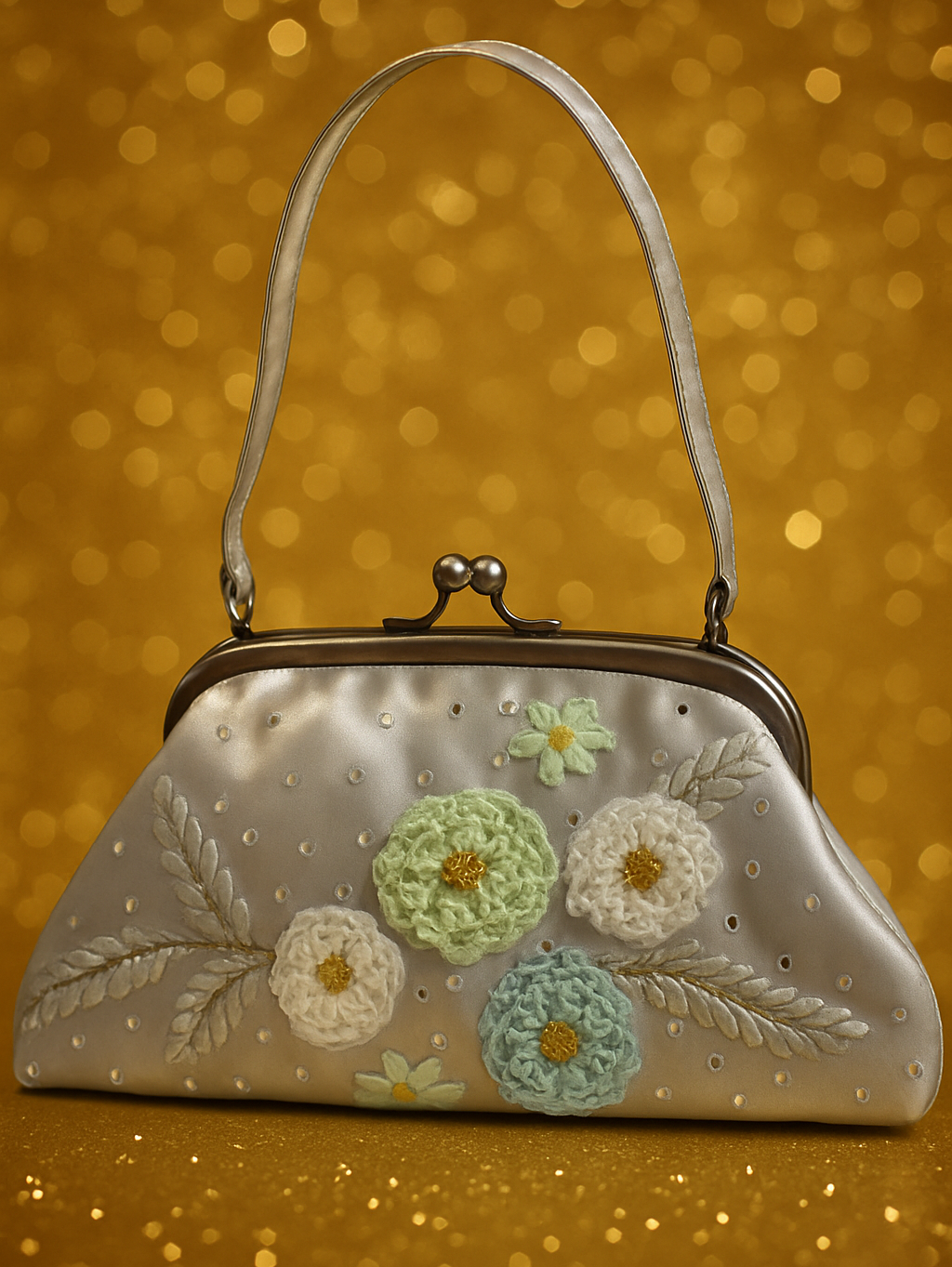 Bolso de Fiesta Satinado Gris Plata Flores en Relieve con Asa