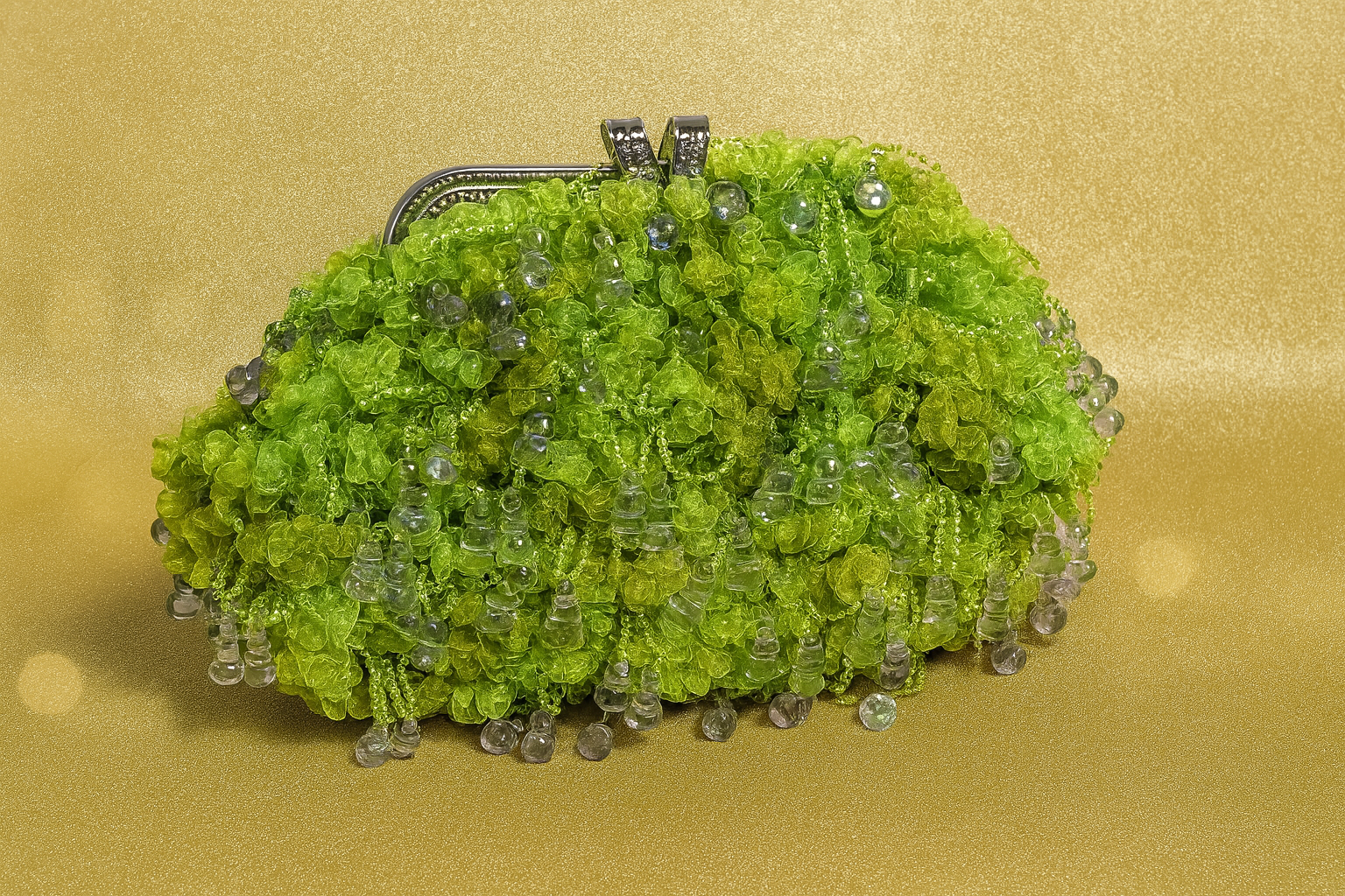 Clutch de Fiesta Cuentas de Cristal Verde con Cierre Plateado