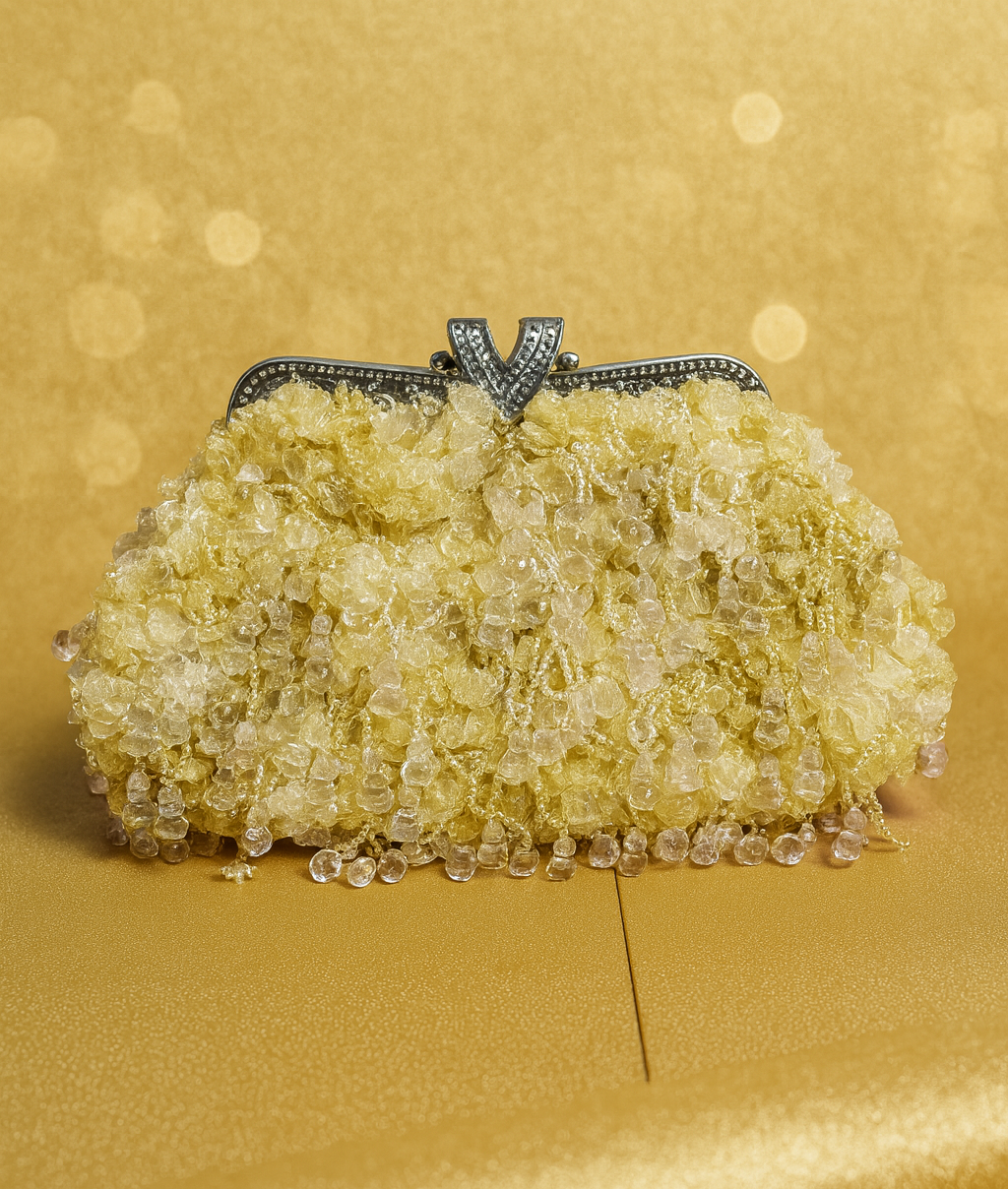 Clutch de Fiesta Cuentas de Cristal Champagne con Cierre Plateado