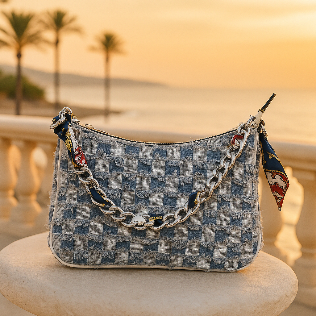 Bolso Tejido Jeans con Cadena Plateada y Lazo