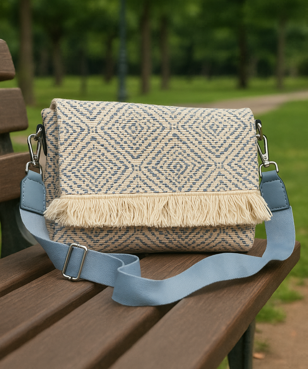 Bolso Bandolera Boho con Textura Tejida y Flecos en Rosa y Azul