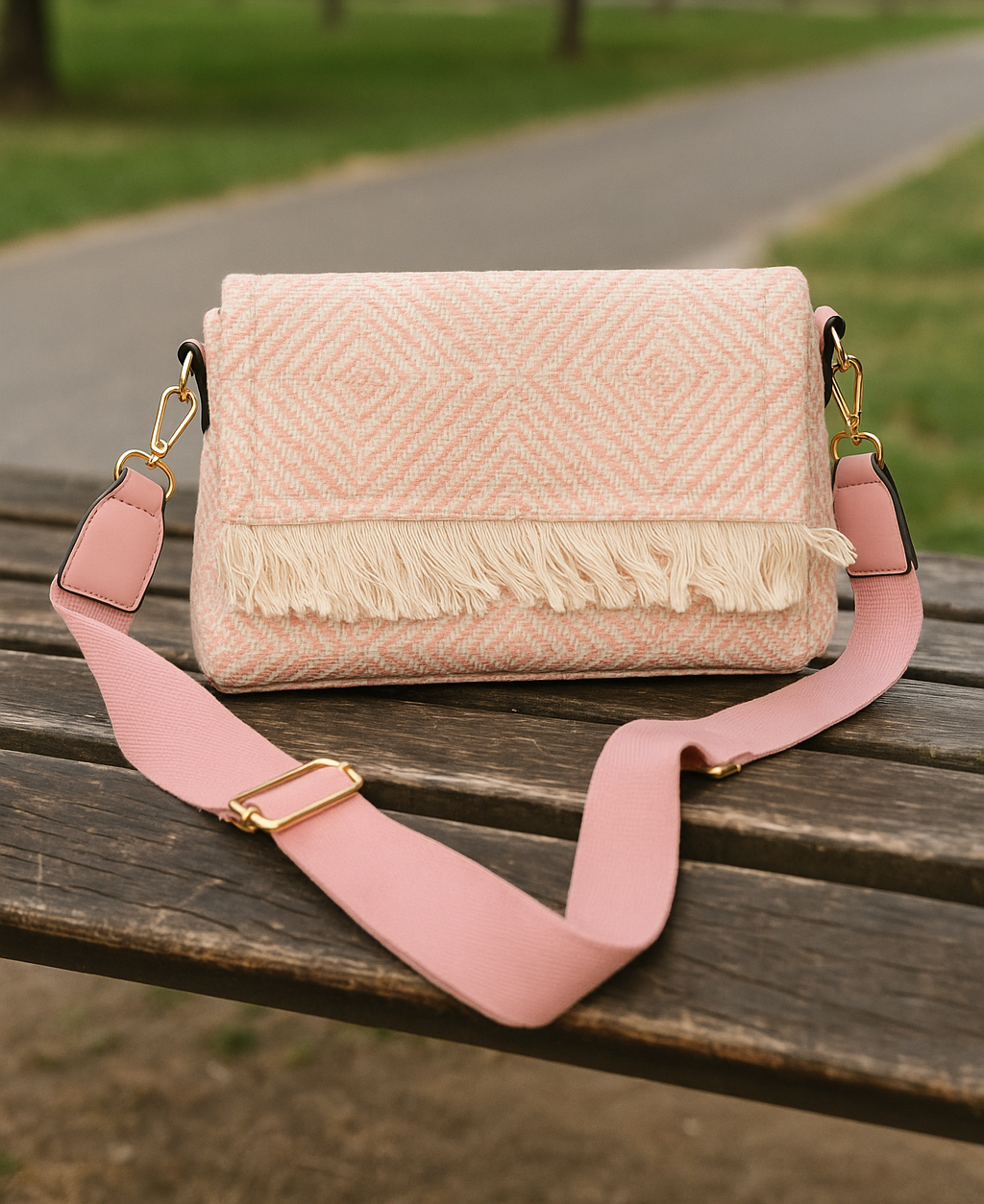 Bolso Bandolera Boho con Textura Tejida y Flecos en Rosa y Azul