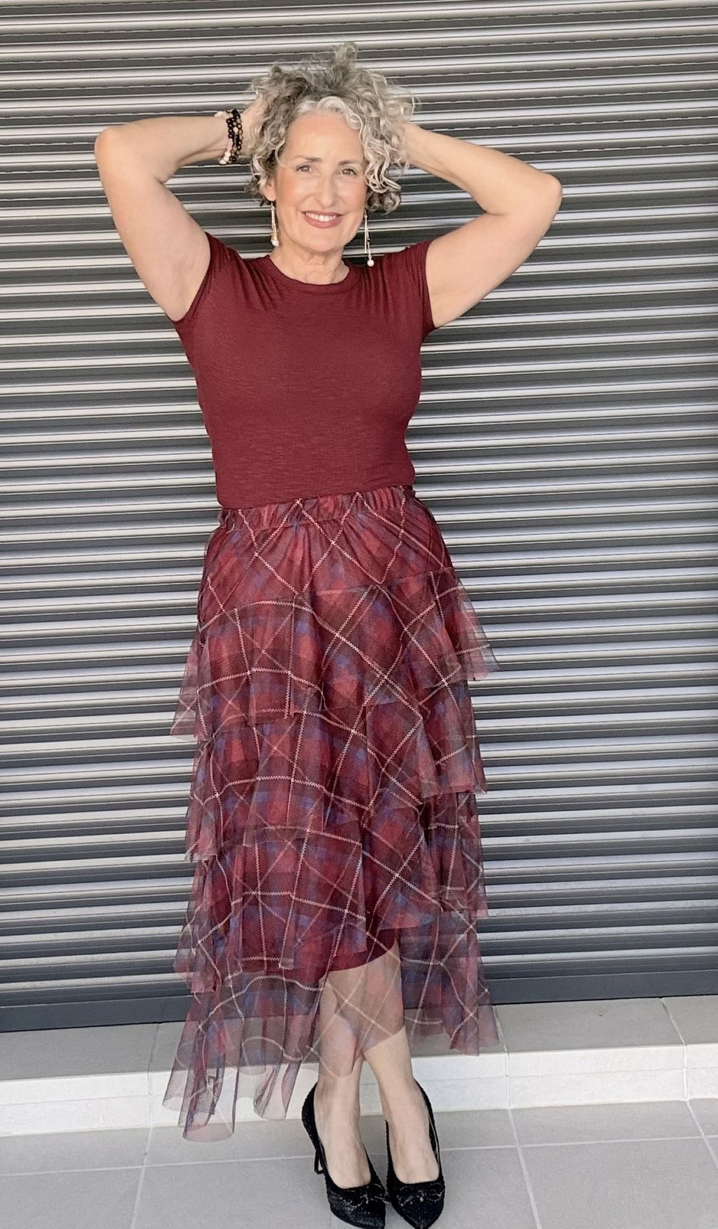 Gonna in tulle scozzese bordeaux