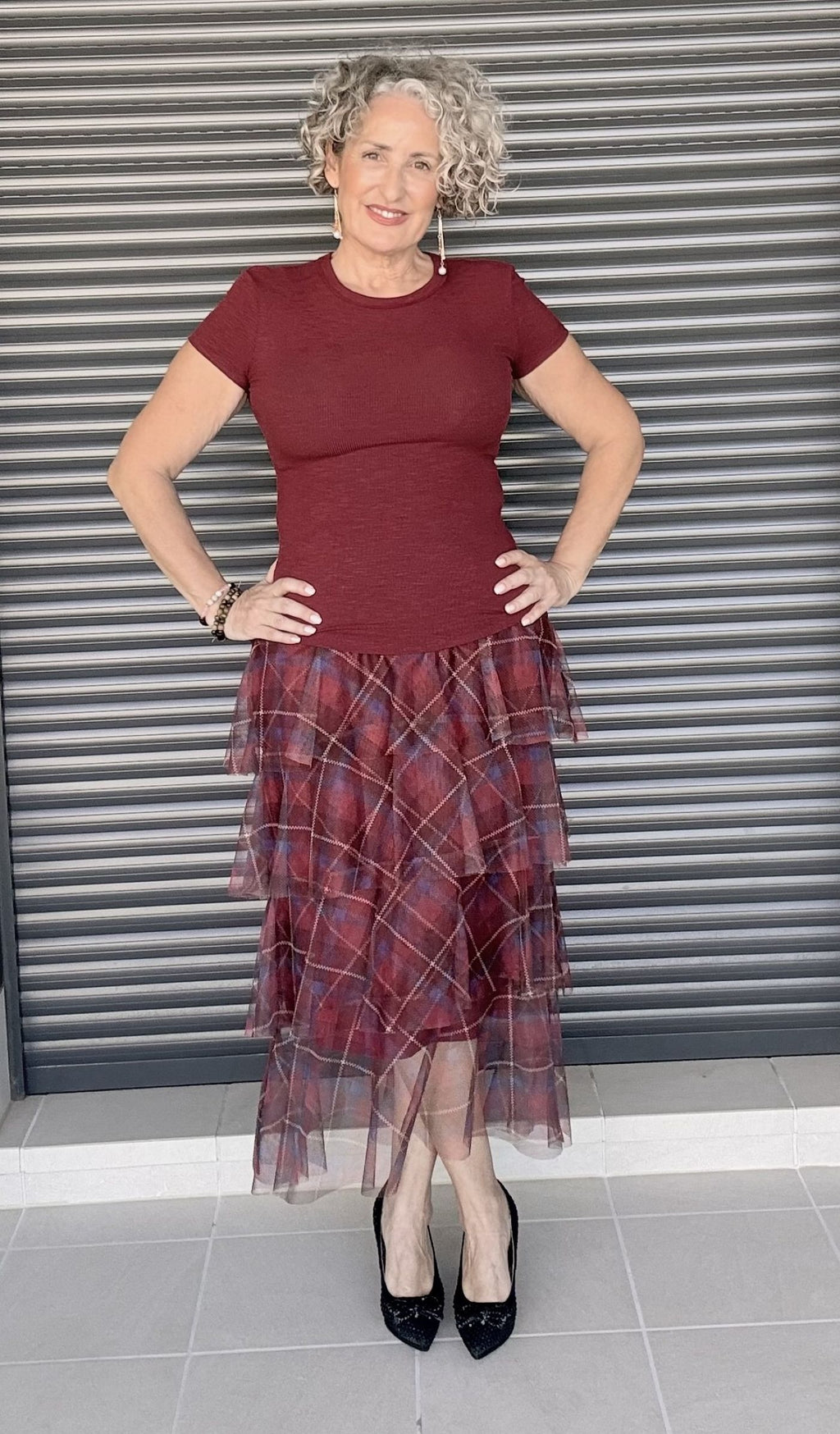 Gonna in tulle scozzese bordeaux