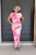 Vestido Largo Rosa Estampado Degradado con Escote Bardot y Abertura Trasera