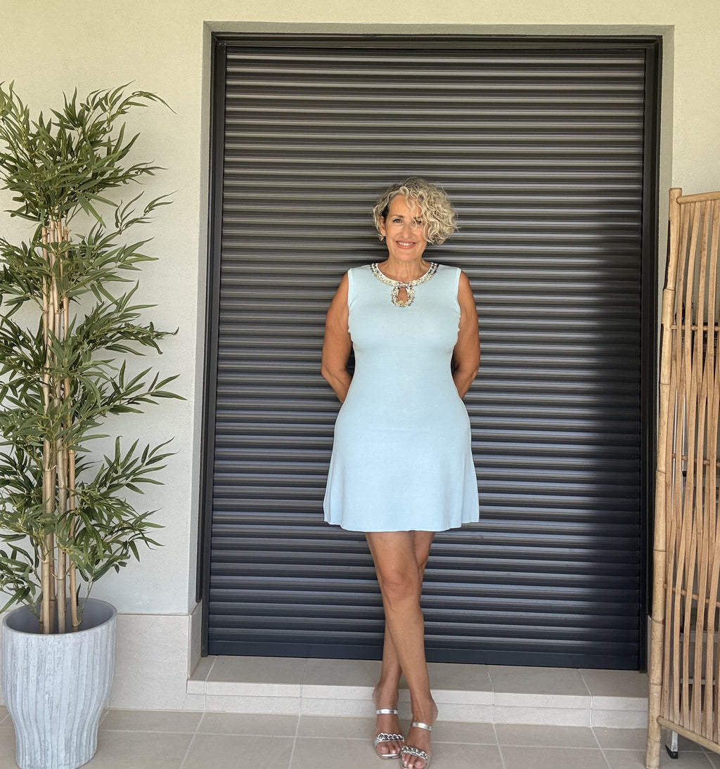 Vestido Celeste Grace Pedrería