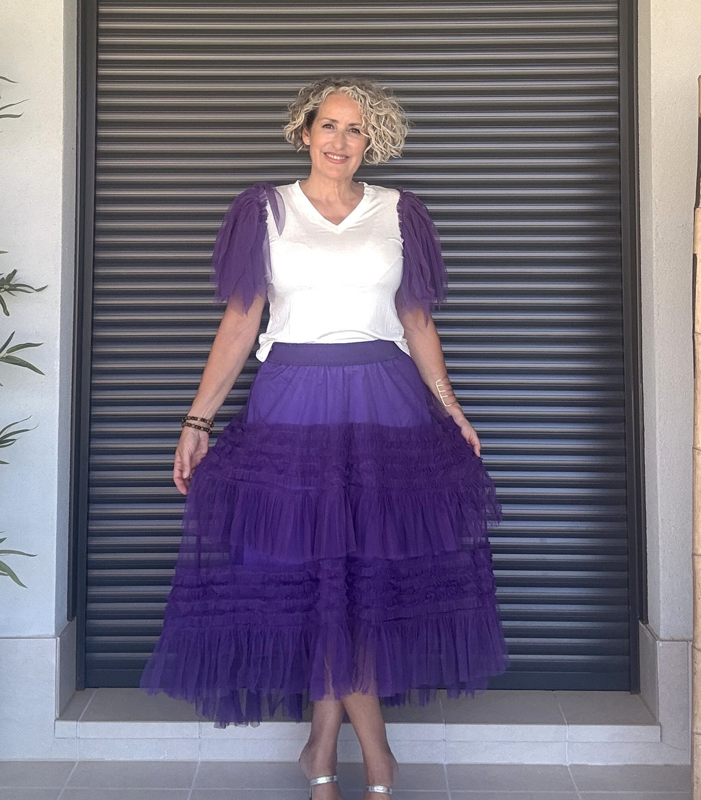 Gonna in Tulle Viola con Volant, Taglio Asimmetrico e Vita Elasticizzata