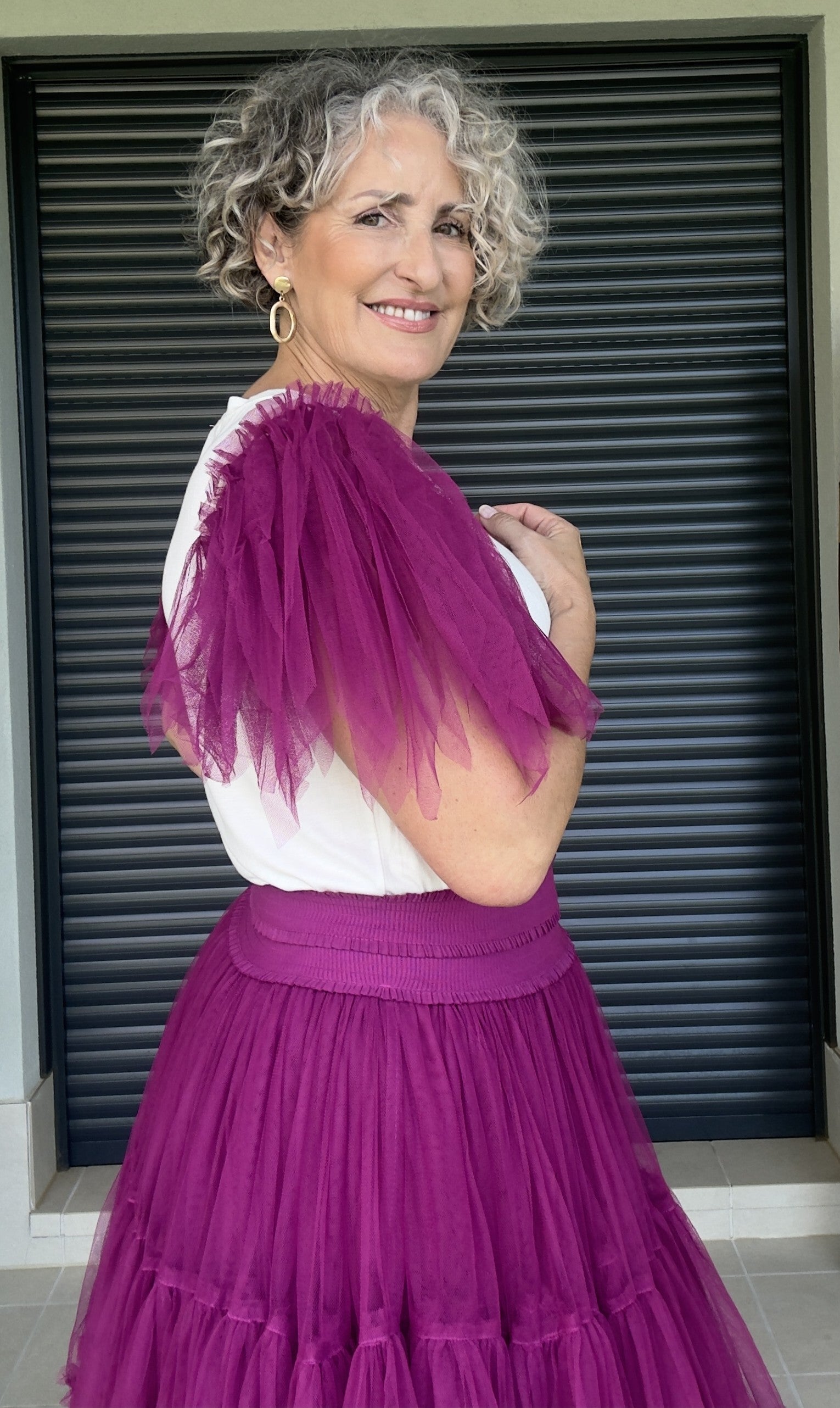 Camiseta Básica Blanca con Mangas de Tul Fucsia Talla Única