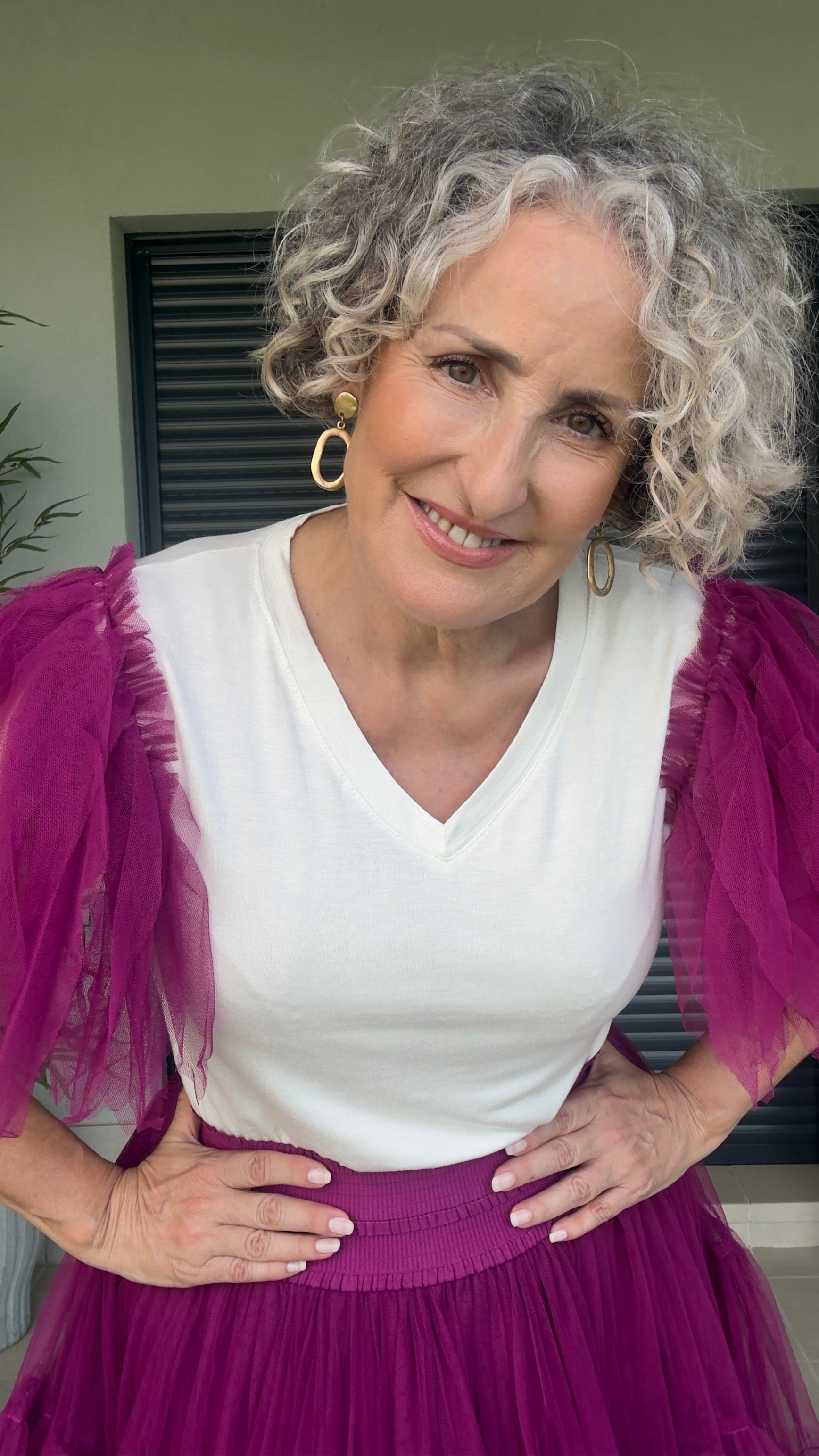 Camiseta Básica Blanca con Mangas de Tul Fucsia Talla Única