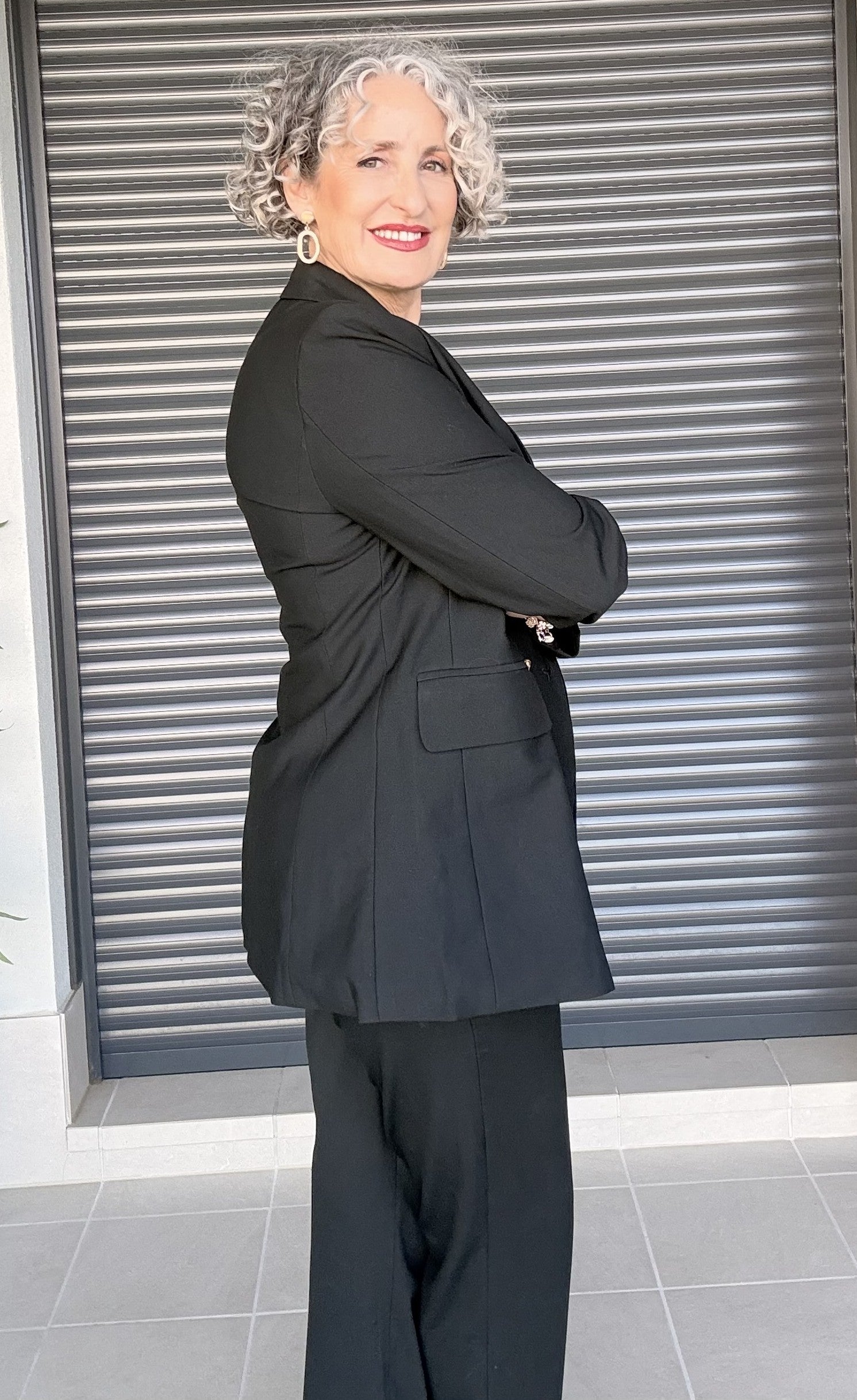 Chaqueta Cruzada Negra Botones Plateados