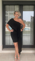 Vestido Negro Asimétrico Un Hombro con Lazo Multiposición