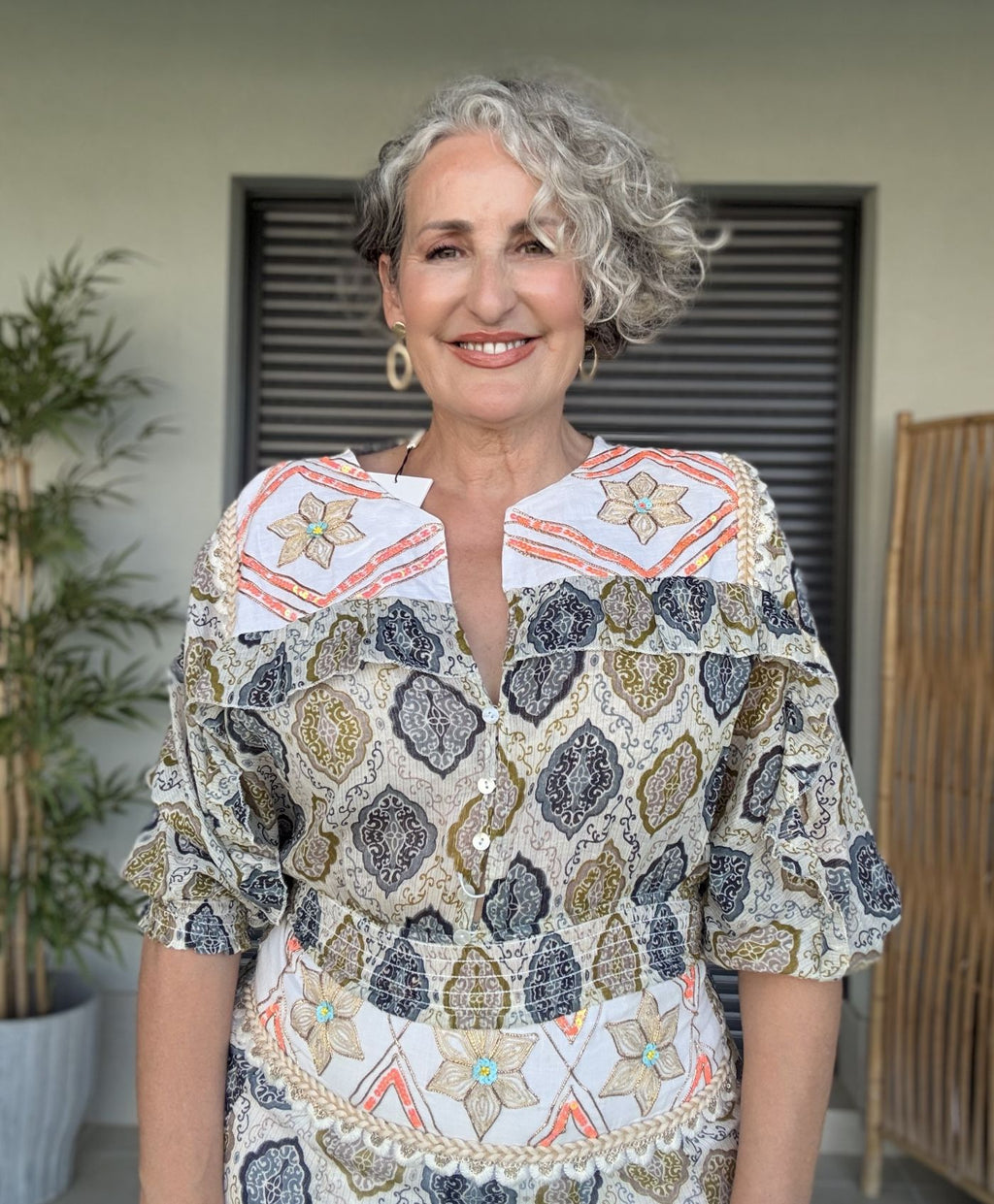 Conjunto Artesanal Siya | Blusa y Falda Larga Boho Azul y Dorado