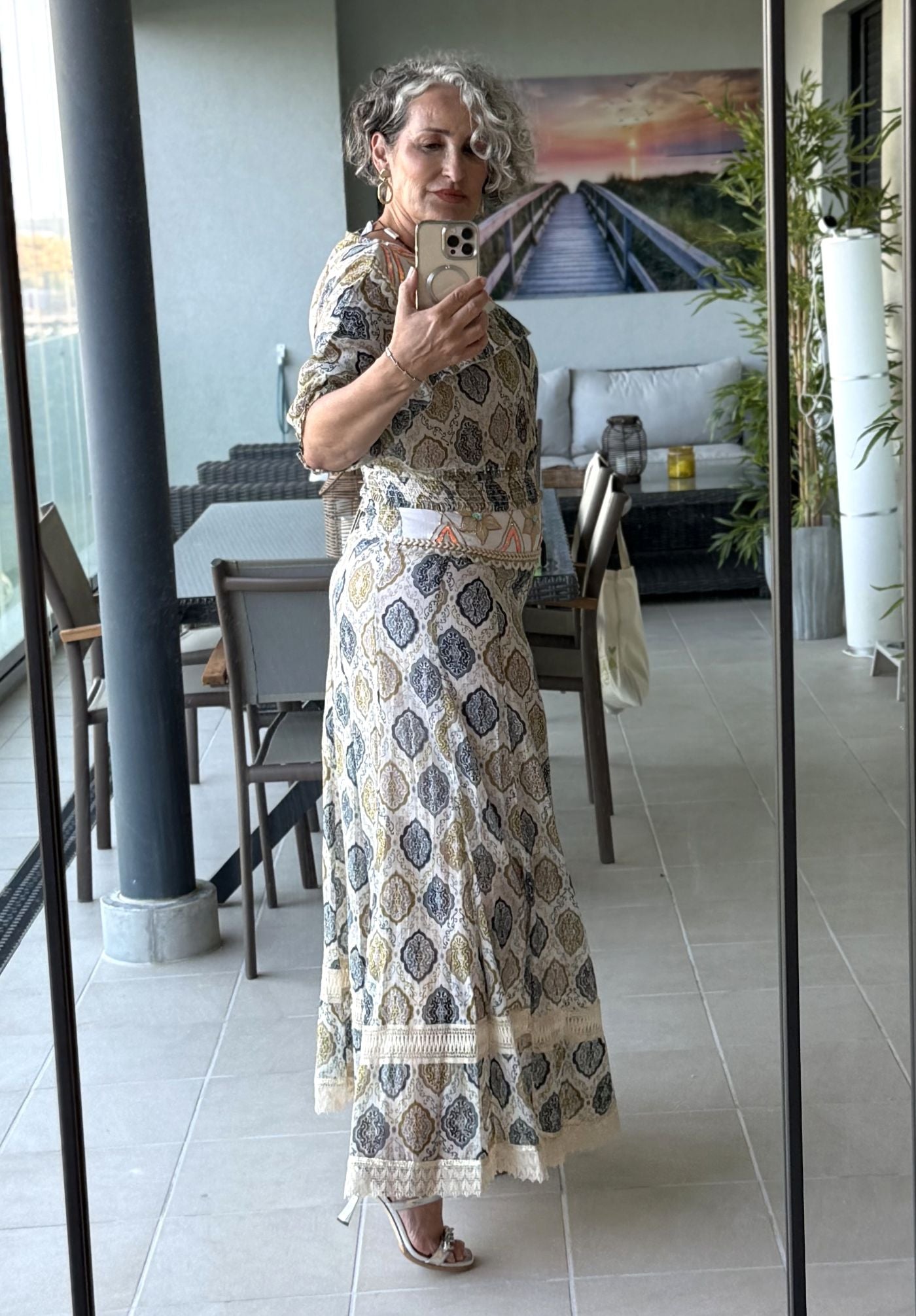 Conjunto Artesanal Siya | Blusa y Falda Larga Boho Azul y Dorado