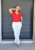 Jean Wide Leg Blanco Tiro Alto con Flores Bordadas Multicolor en los Laterales