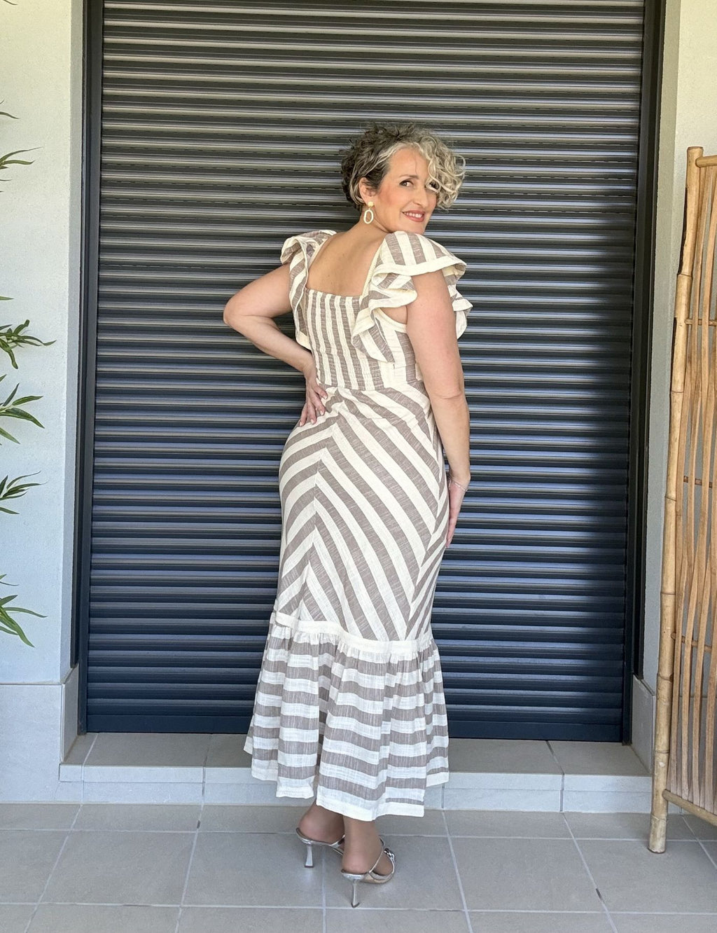 Vestido Rayas Beige y Blanco en Lino