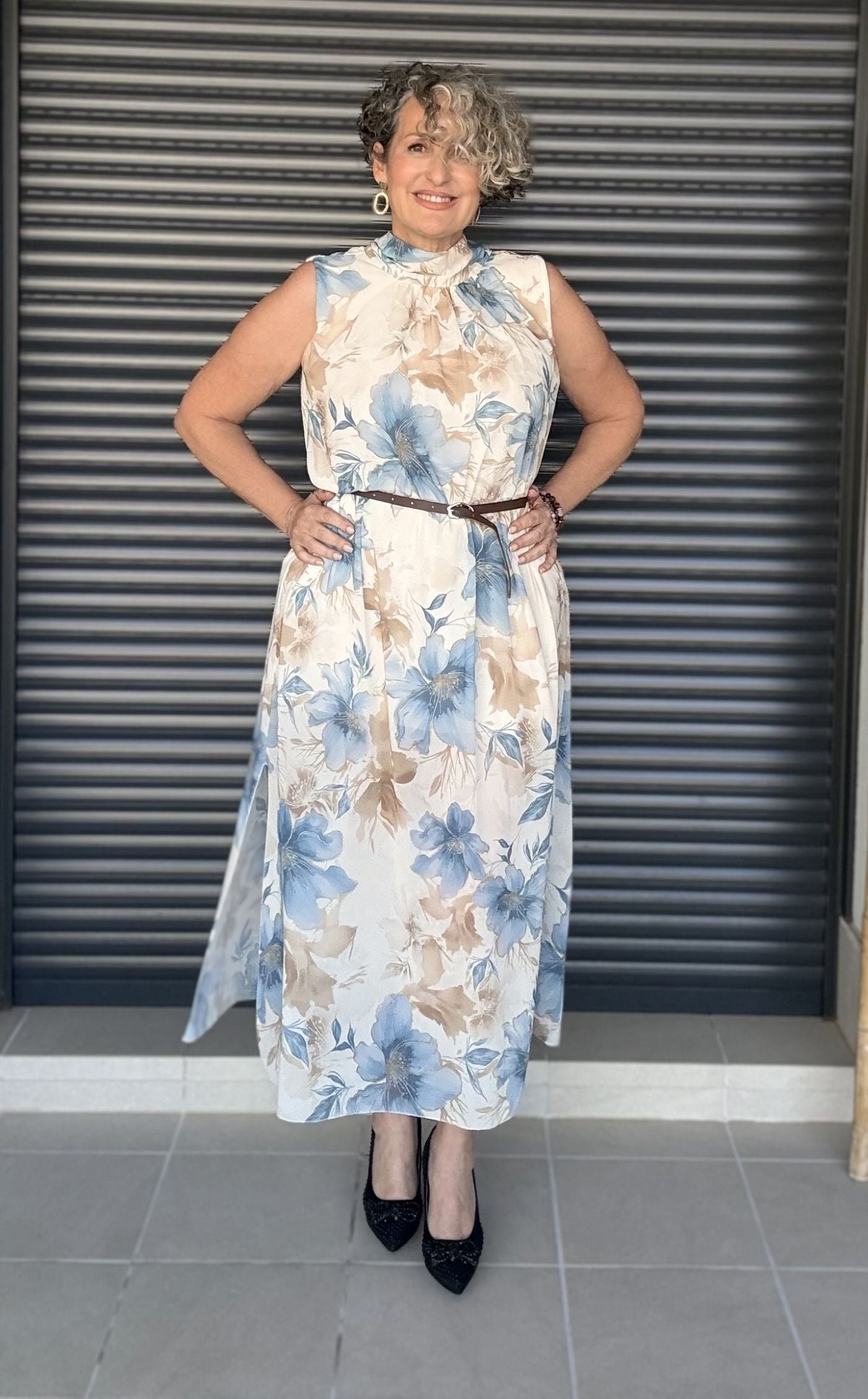 Vestido Estampado Azul y Beige con Lazada