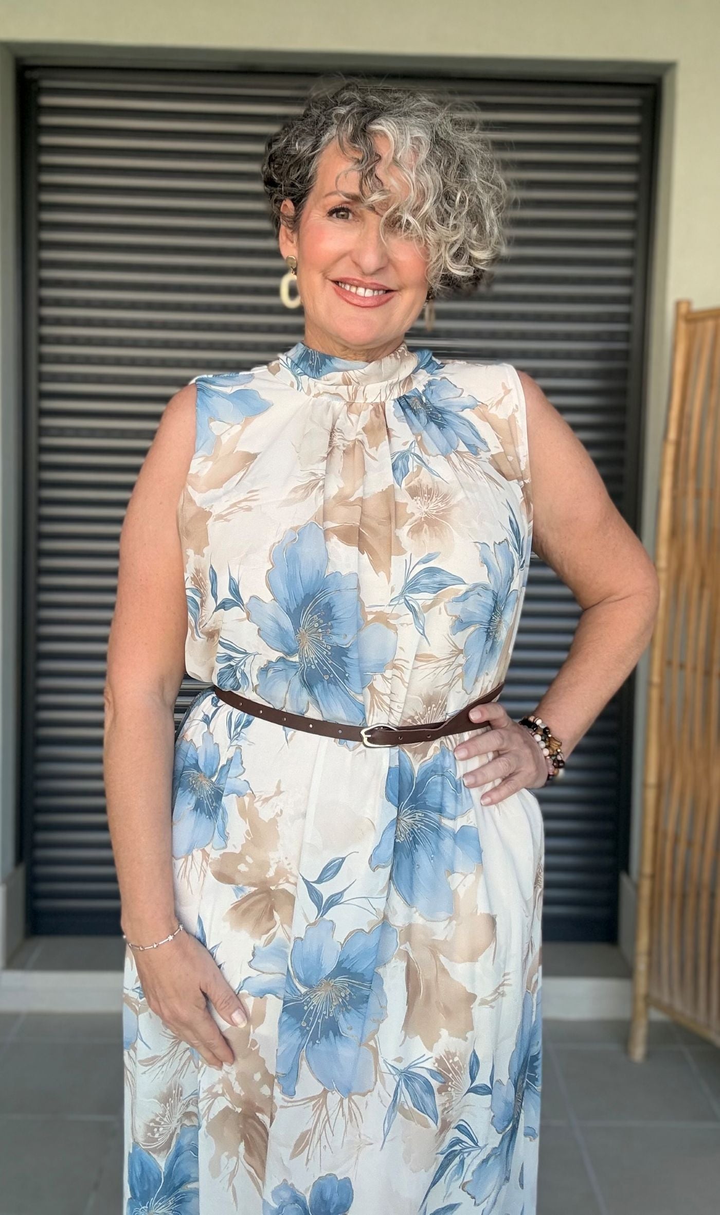 Vestido Estampado Azul y Beige con Lazada