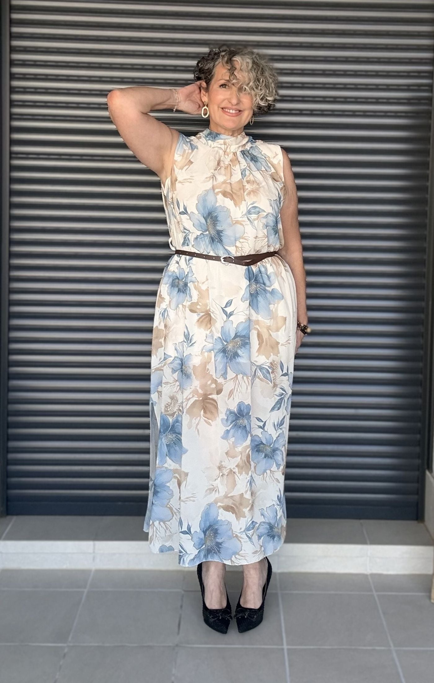 Vestido Estampado Azul y Beige con Lazada