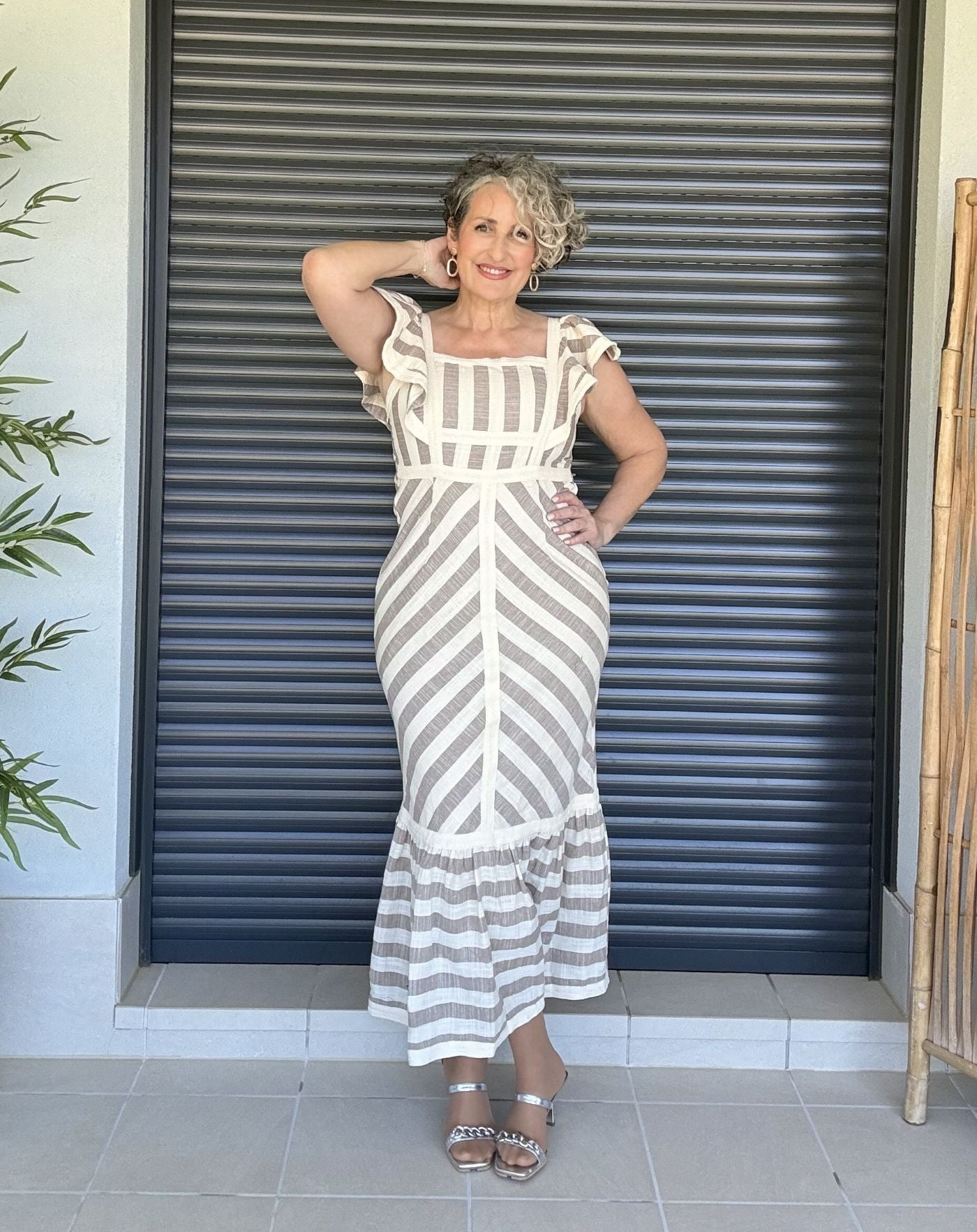 Vestido Rayas Beige y Blanco en Lino