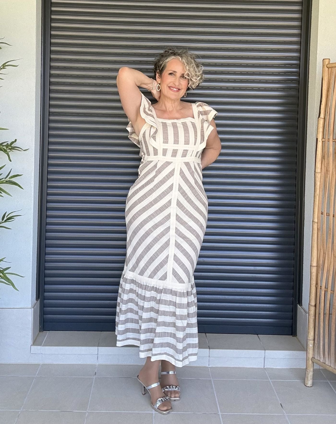 Vestido Rayas Beige y Blanco en Lino