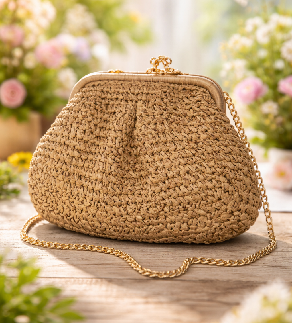 Bolso Rafia Trenzada con Cadena Dorada