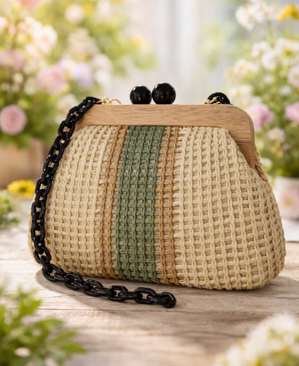 Bolso Rafia Rayas Beige y Verde