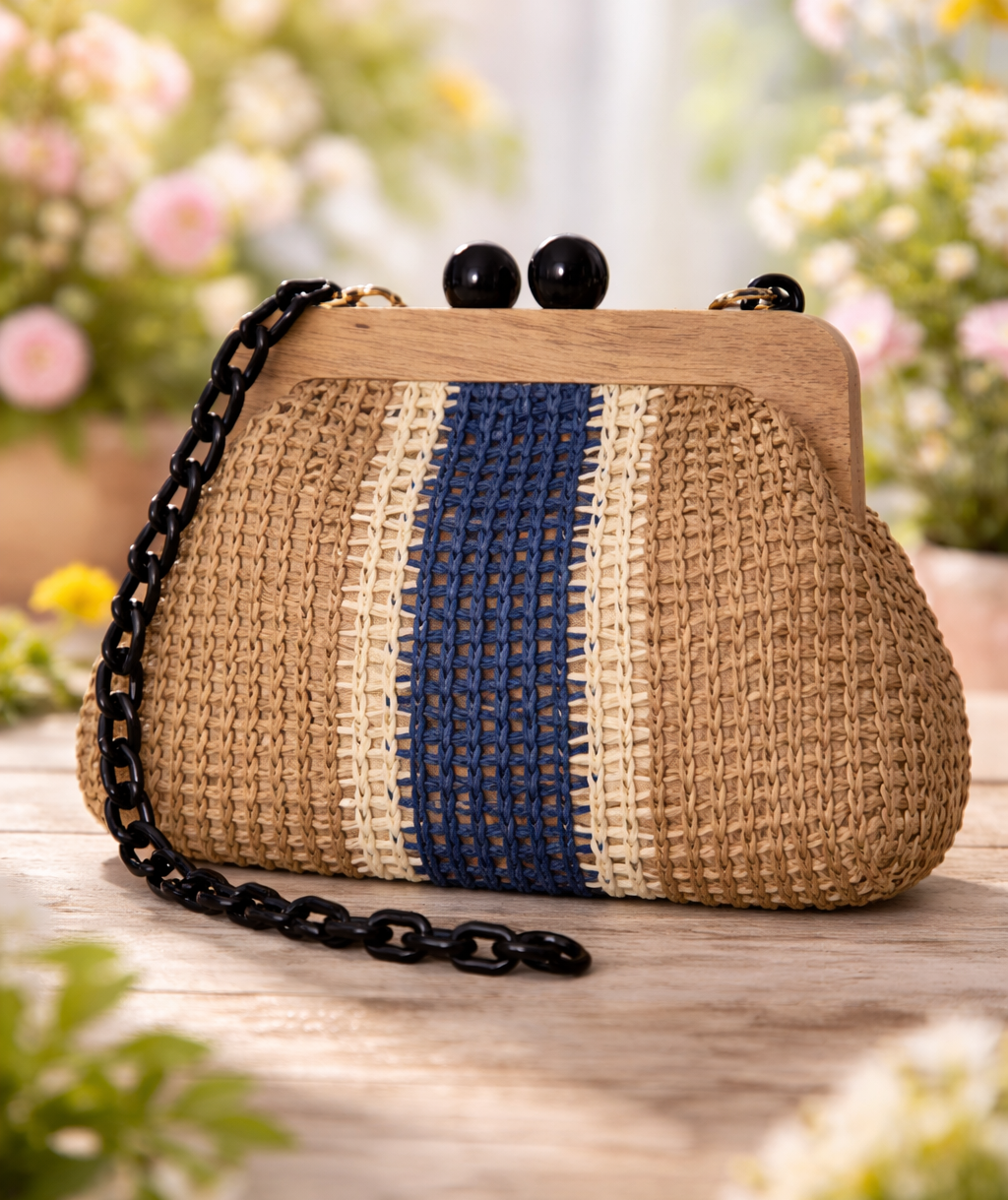 Bolso Rafia Rayas Marrón y Azul con Marco de Madera