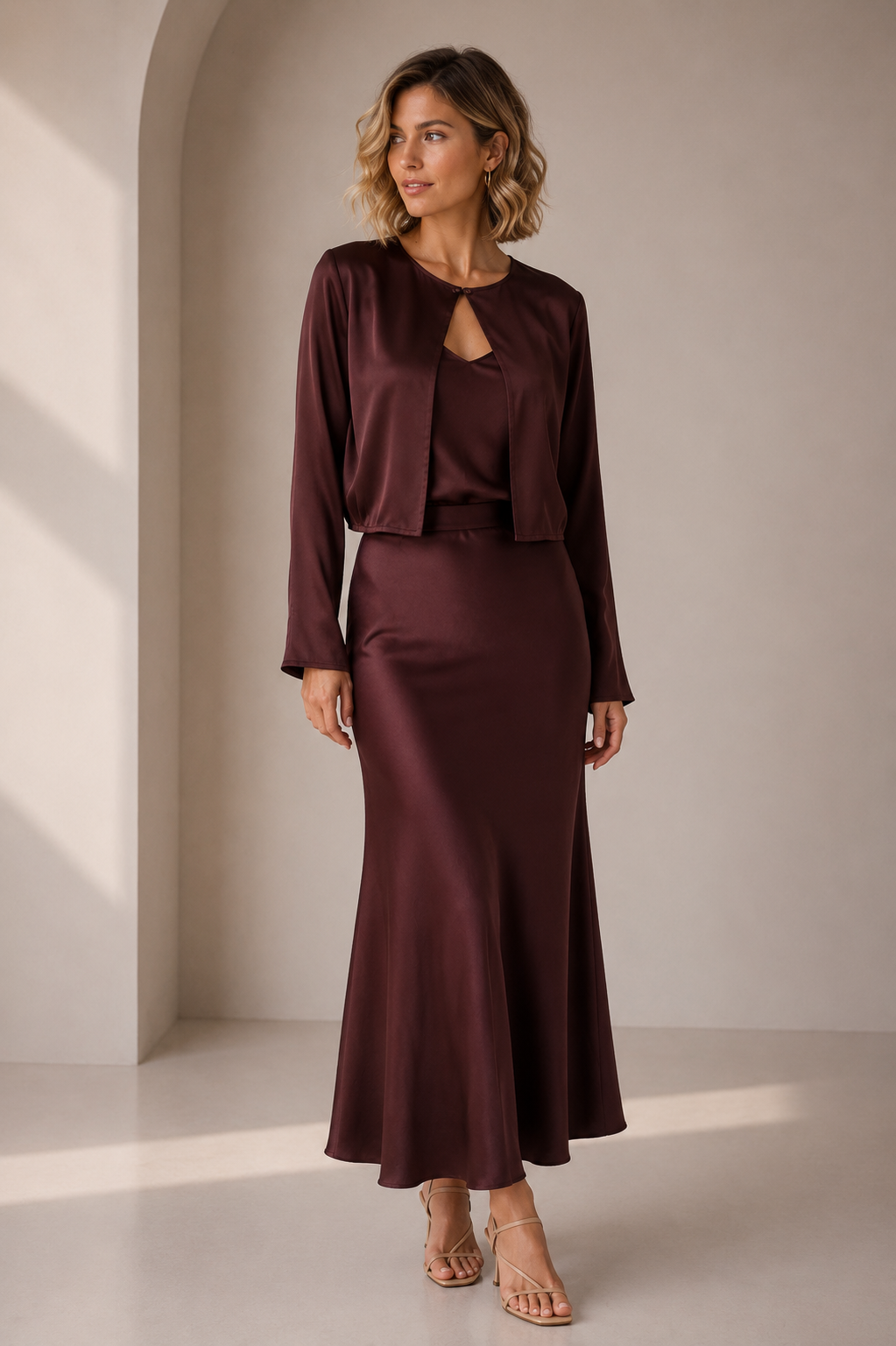 Conjunto Tres Piezas Satinado Burdeos