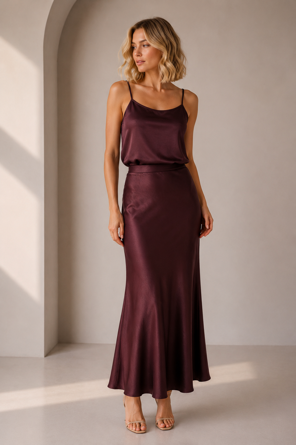 Conjunto Tres Piezas Satinado Burdeos