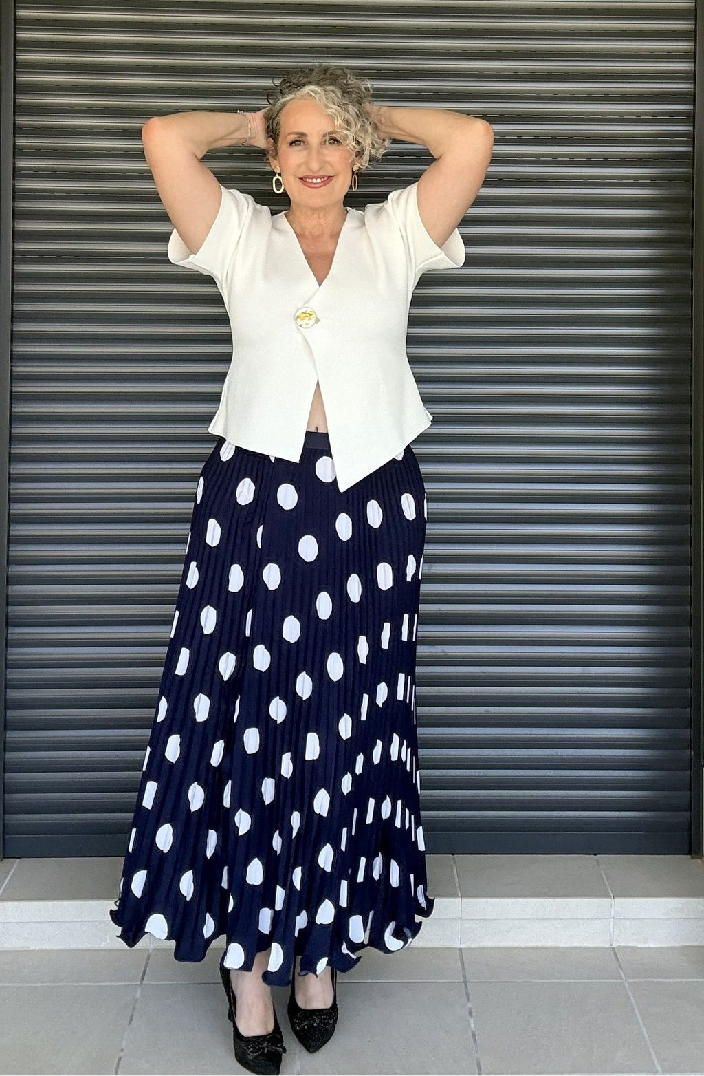 Falda Azul Marino Lunares Blancos Plisada