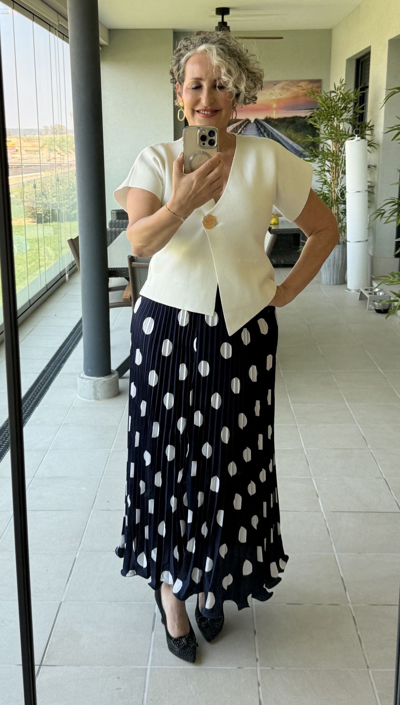 Falda Azul Marino Lunares Blancos Plisada