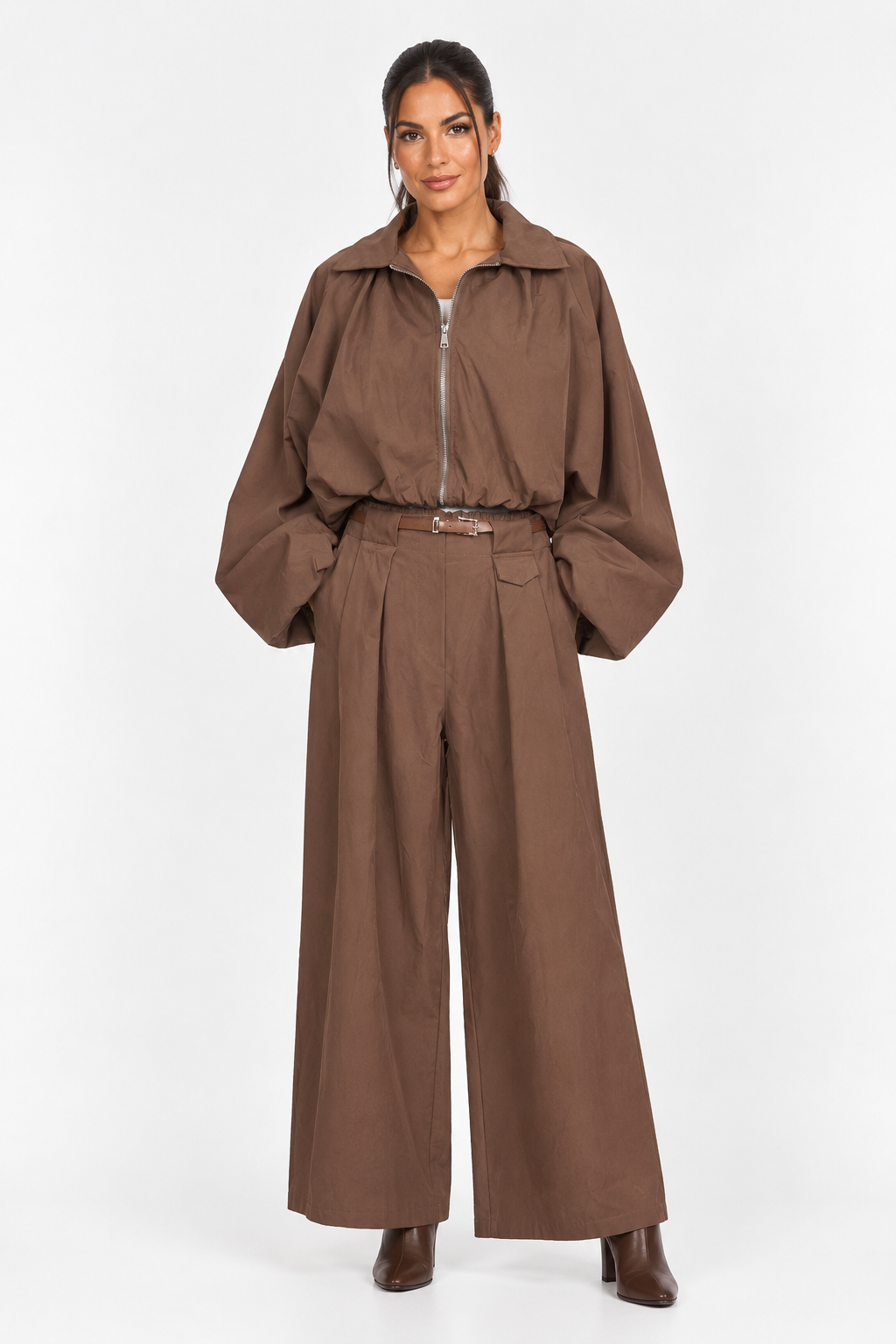 Pantalón Gabardina Tiro Alto Marrón