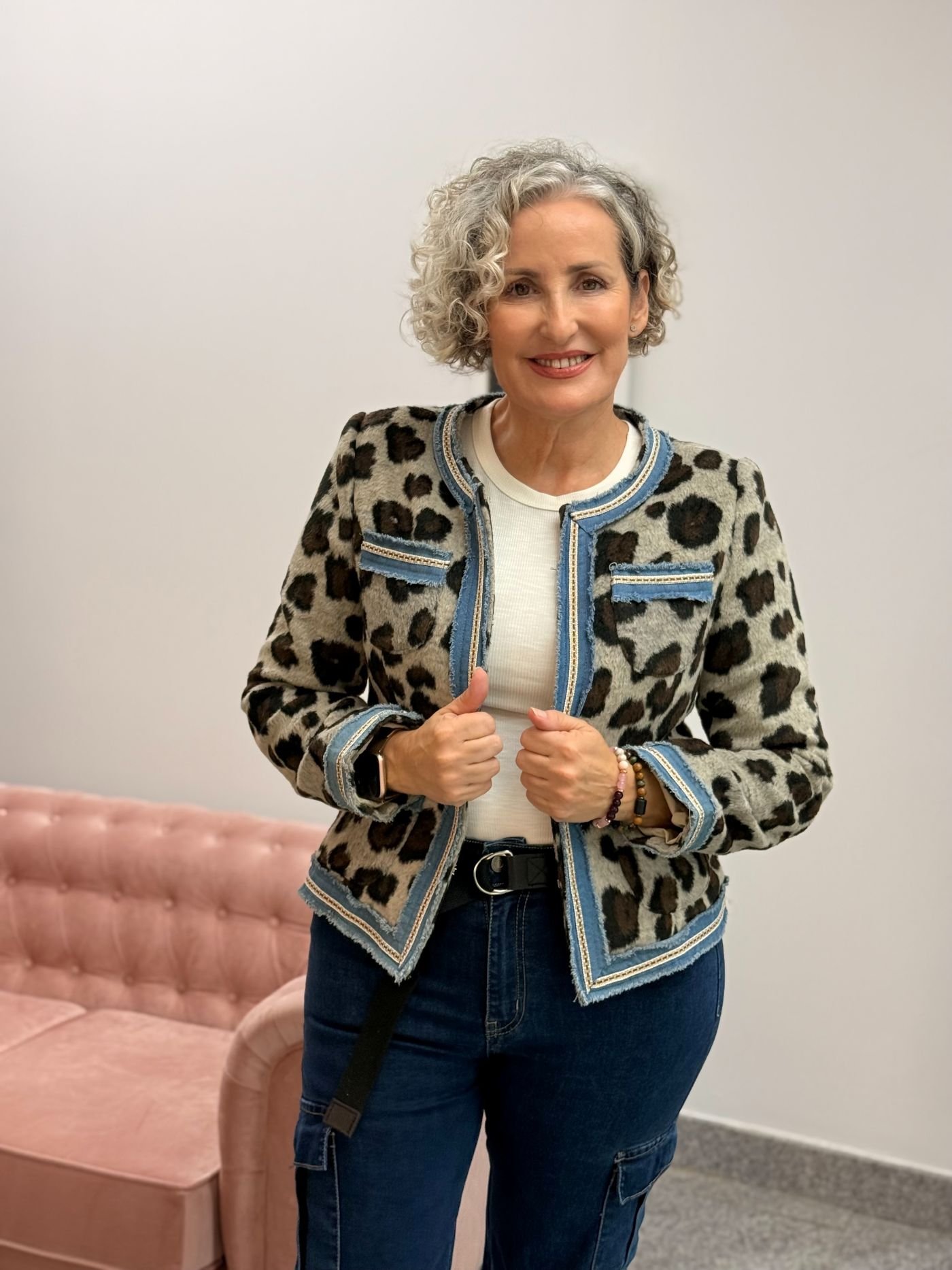 Chaqueta Animal Print con Ribete Vaquero