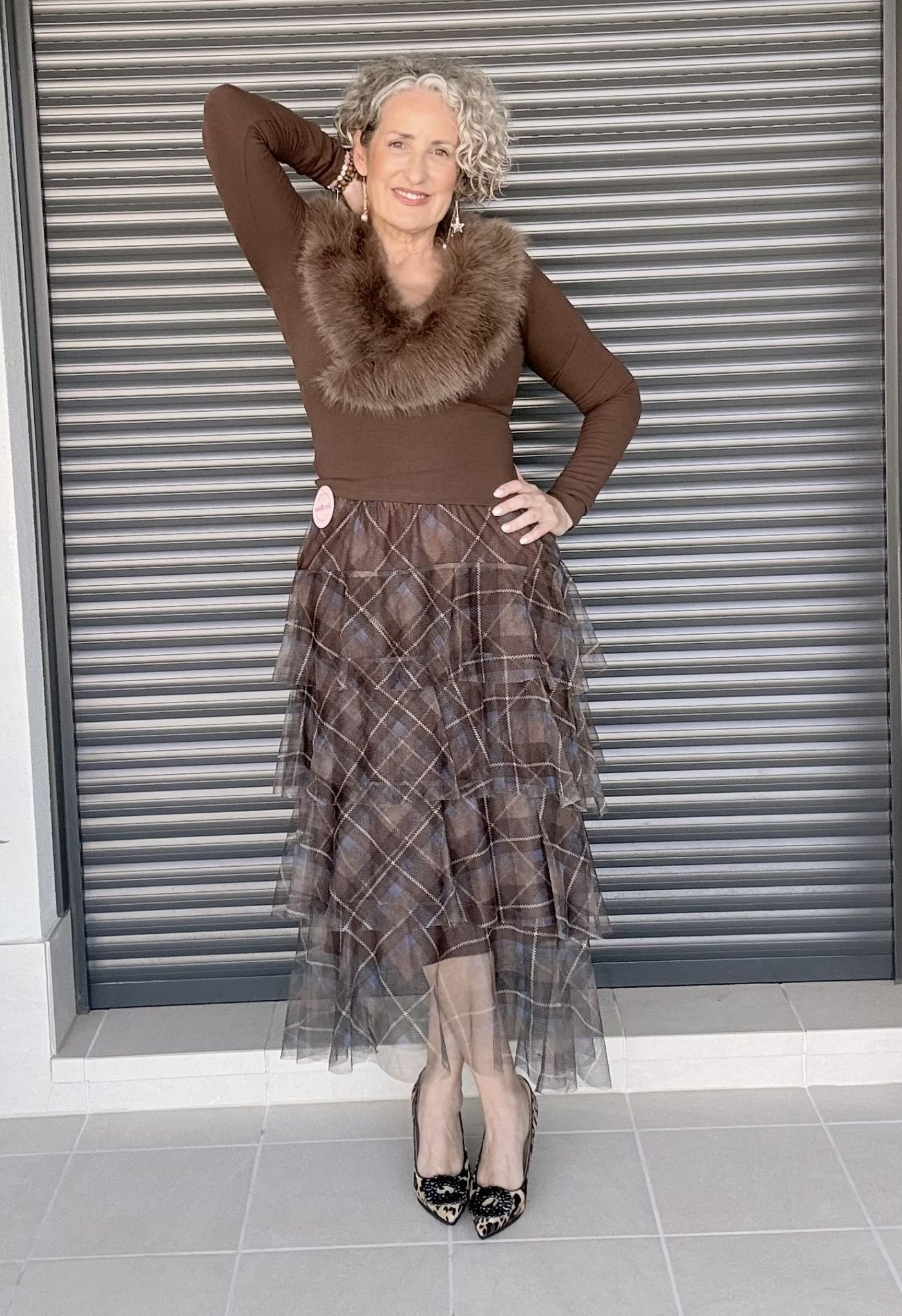 Falda Cuadros Marrón Tul