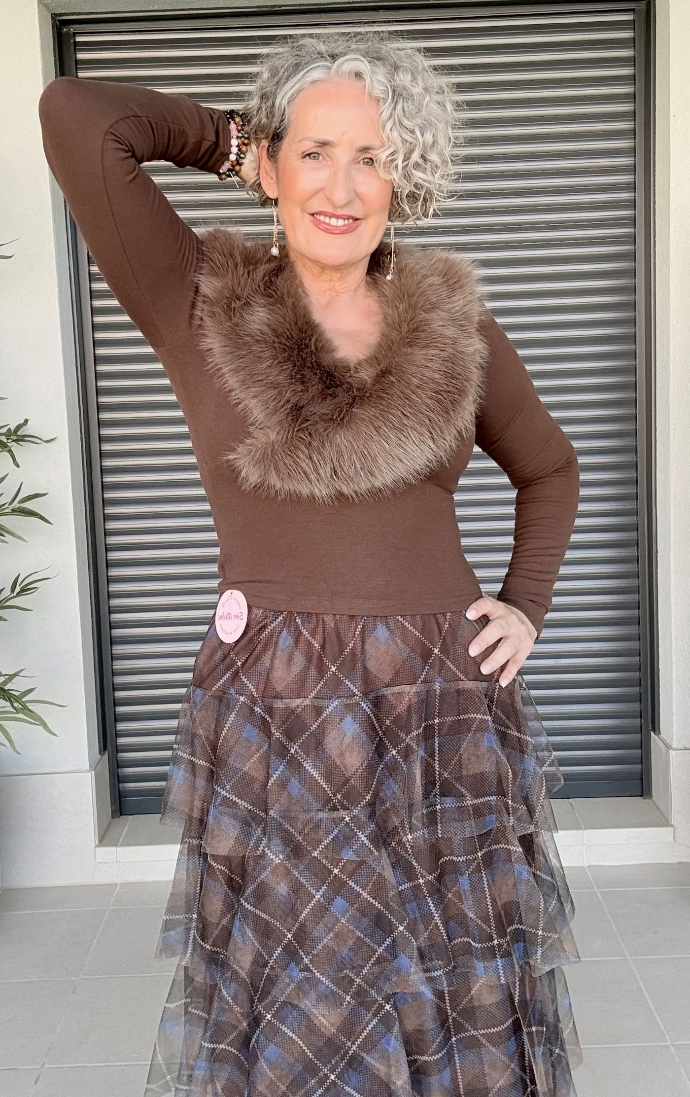 Falda Cuadros Marrón Tul