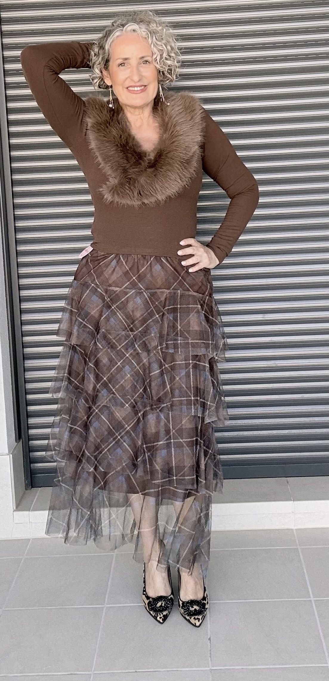 Falda Cuadros Marrón Tul