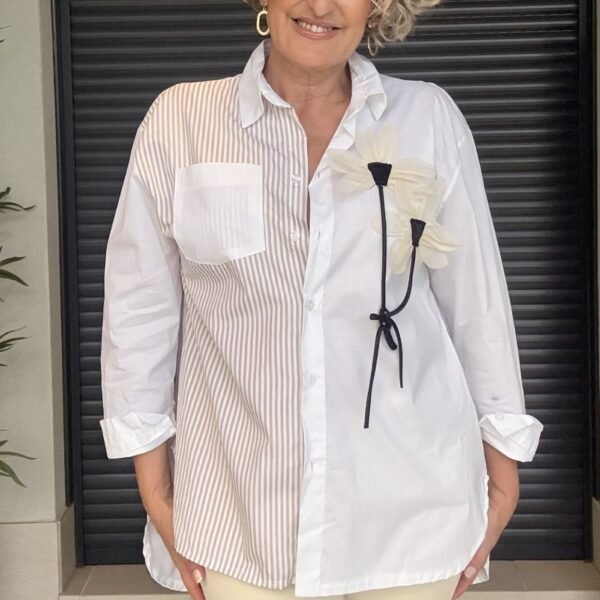 Camisa Flor Rayas Beige