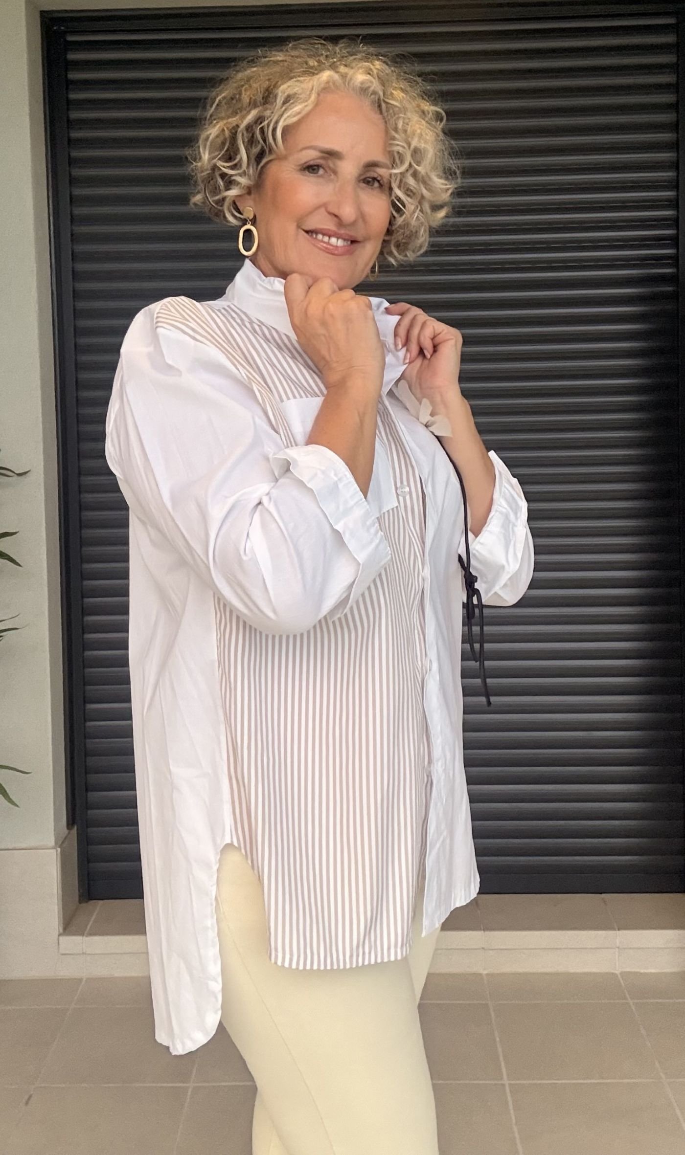 Camisa Flor Rayas Beige