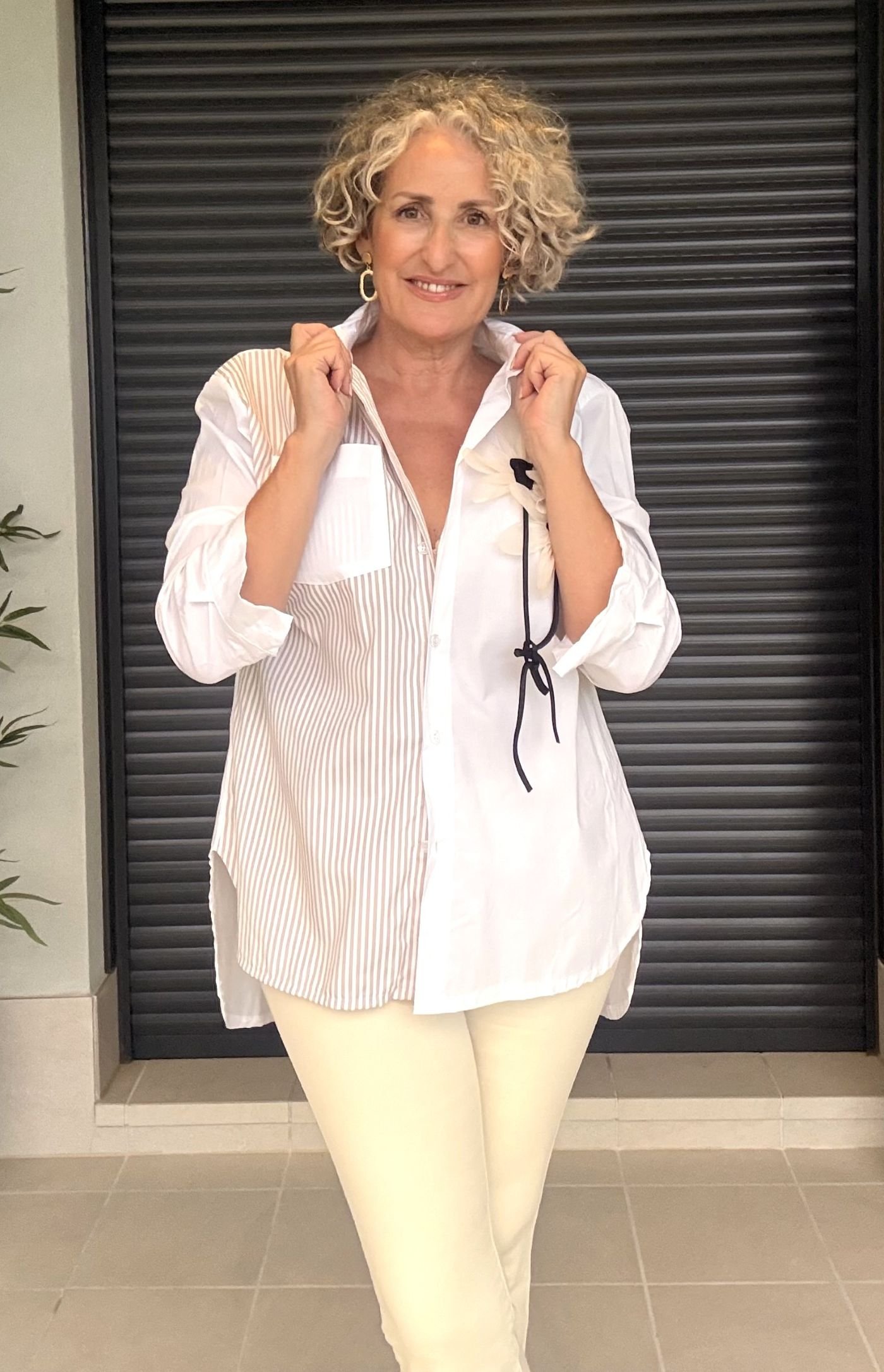 Camisa Flor Rayas Beige